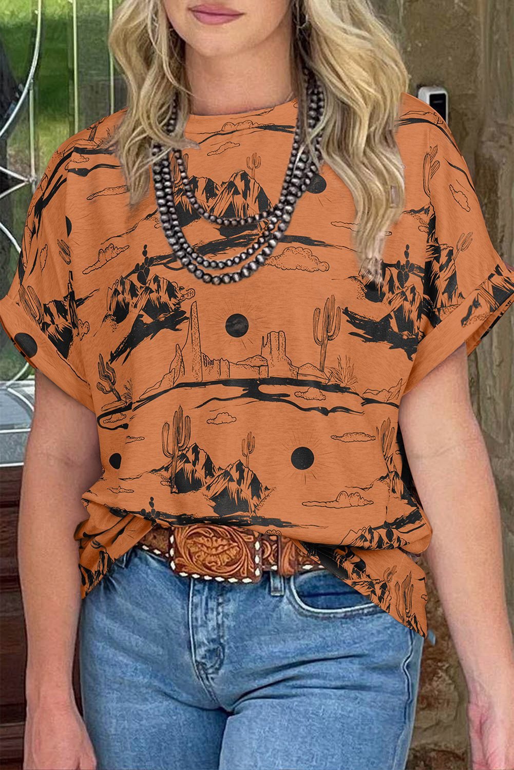 Chestnut Desert Sand Print Short Sleeve Knit Top