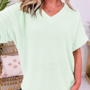Clearly Aqua Waffle V Neck Short Sleeve Knit Top