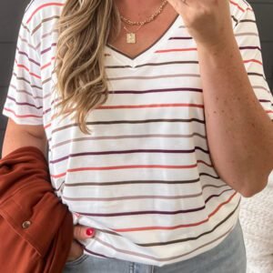 White Stripe V Neck Casual Plus Size Tee