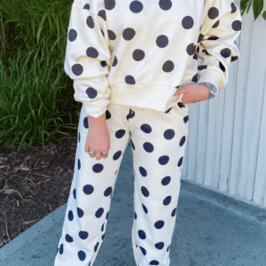 Beige Polka Dot Print Drop Shoulder Pullover Drawstring Jogger Pant Set