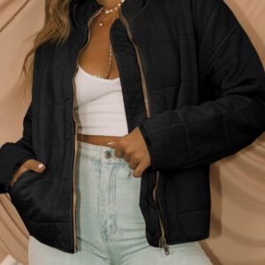 Black Zip-Up Pocket Quilted Jacket