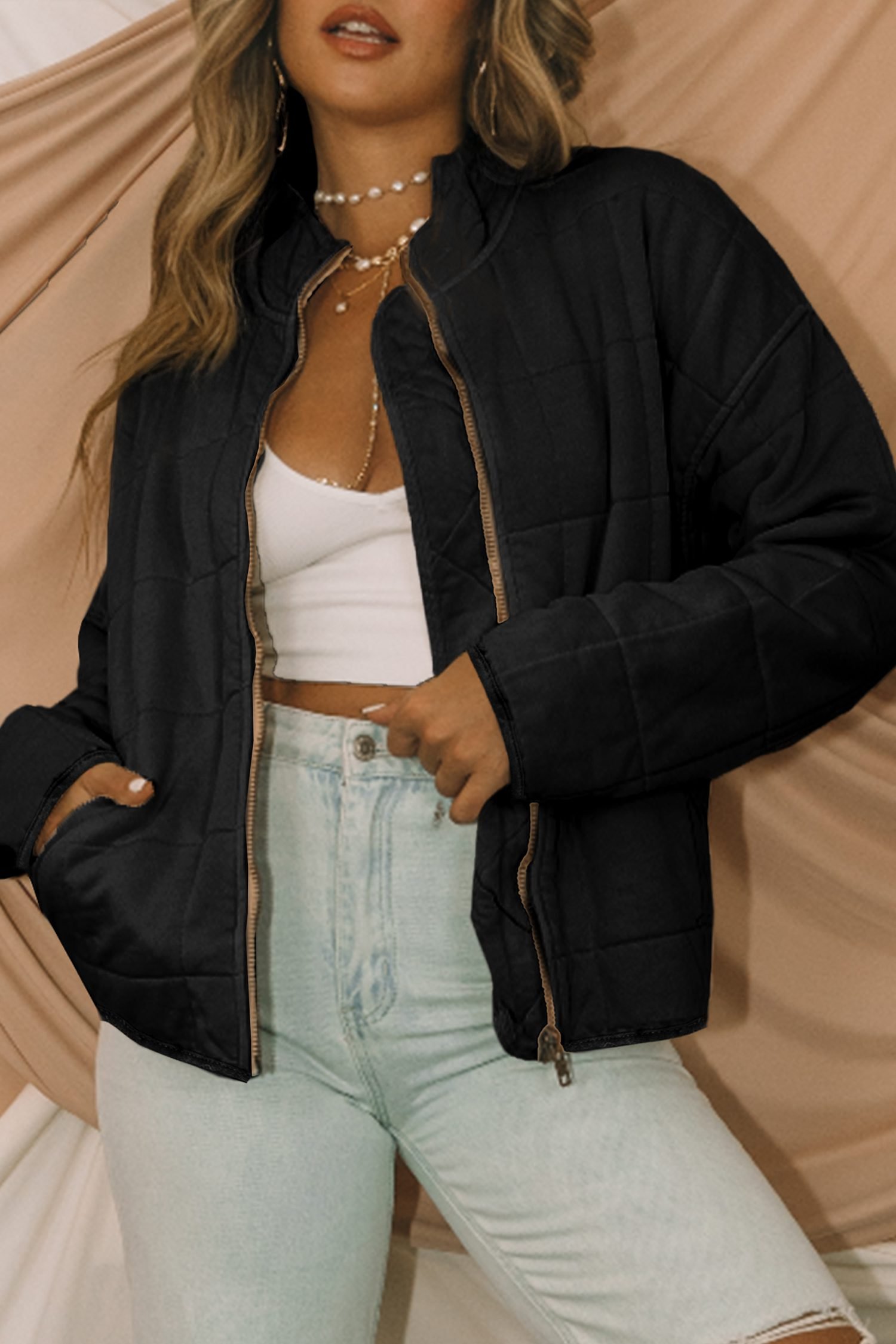 Black Zip-Up Pocket Quilted Jacket