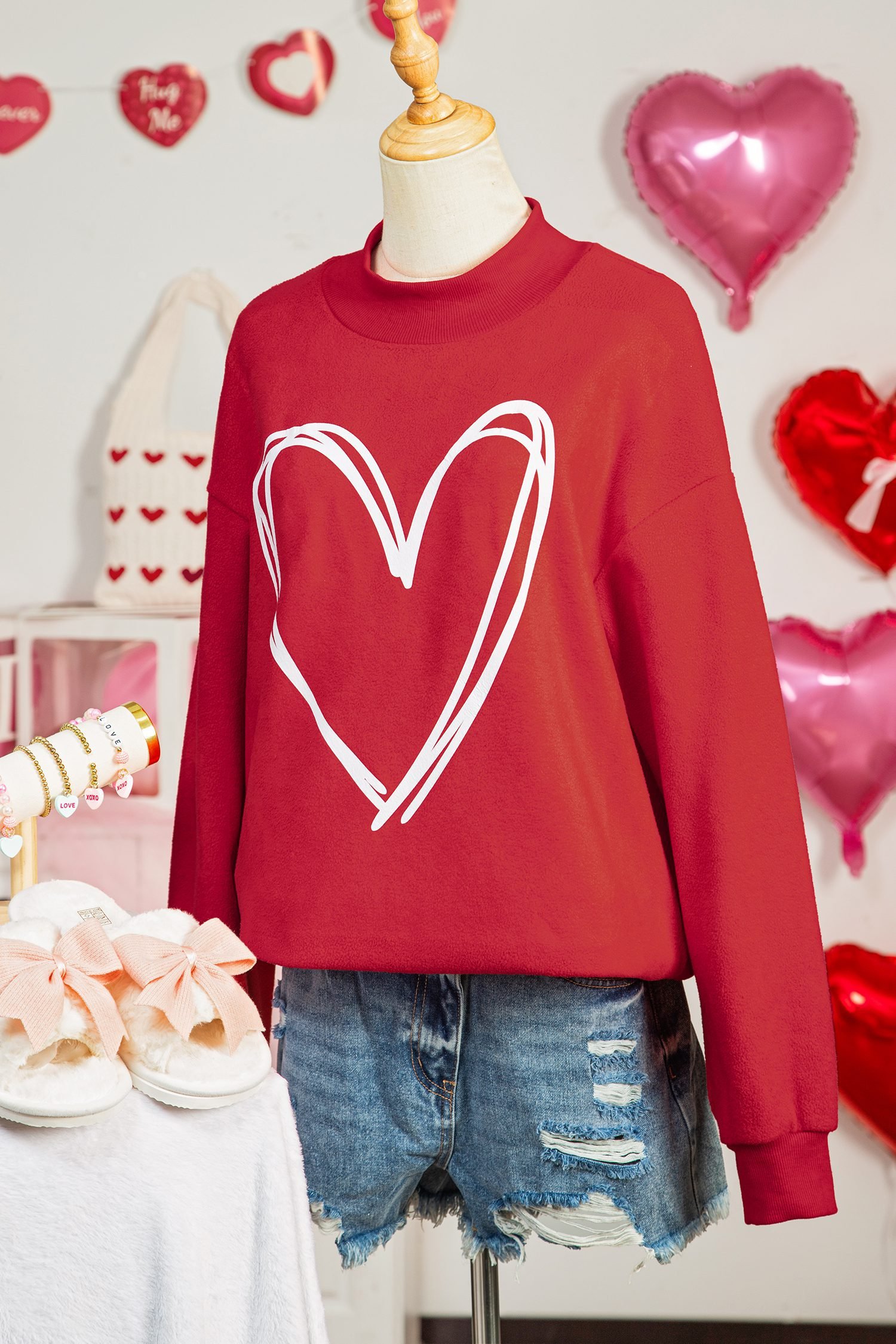 Racing Red Valentines Day Heart Love Script Reversible Printed Double Wear Mock Neck Sweatshirt