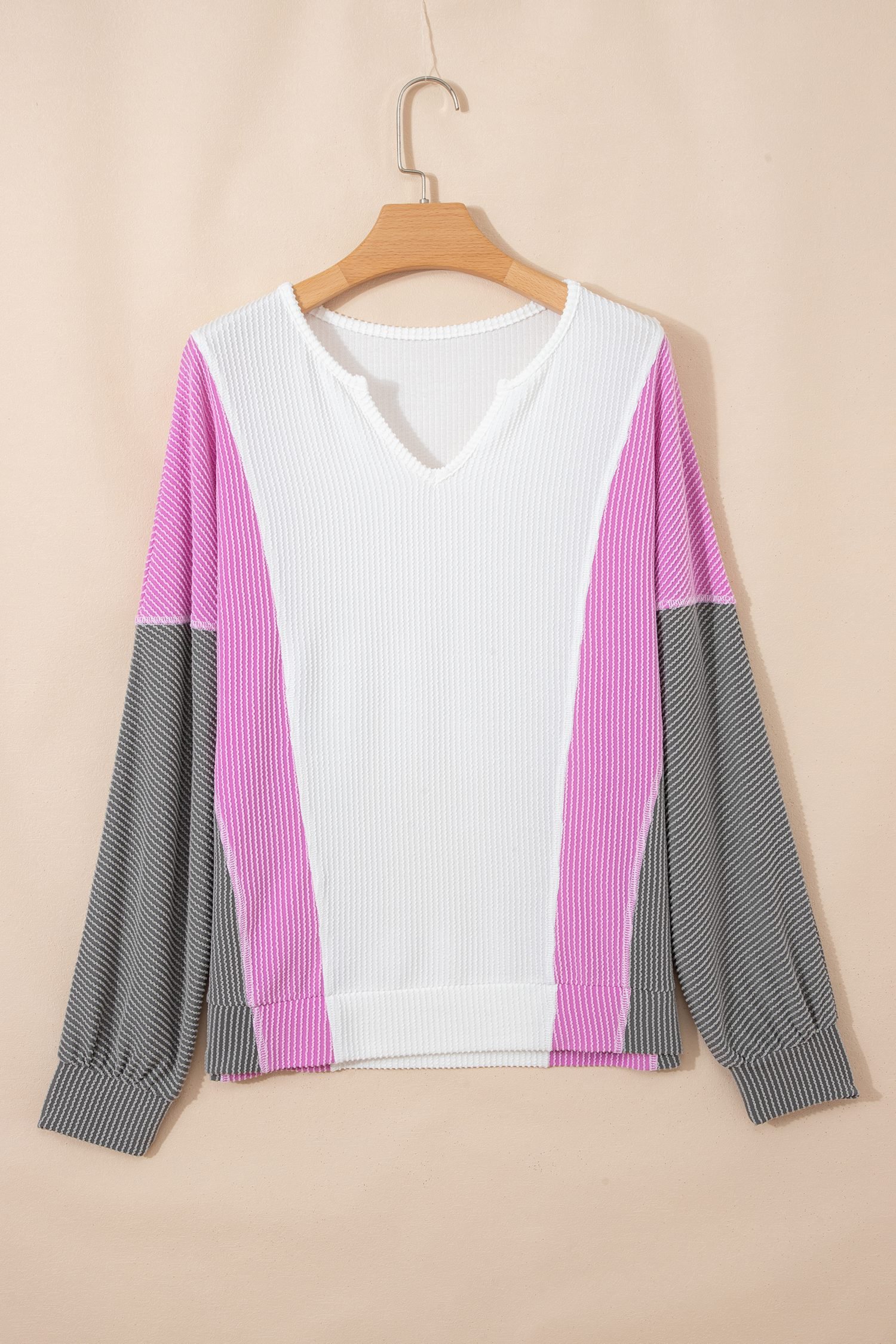 White Spiral Ribbed Raw Seam Color Block Patchwork Long Sleeve Top
