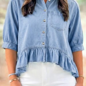 Beau Blue Half Sleeve Button Down Ruffled High Low Chambray Shirt