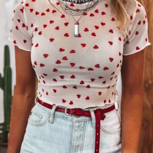 Red Allover Heart Print Mesh Short Sleeve Top