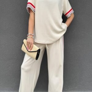 Jet Stream Contrast Striped Trim Crewneck T Shirt Loose Straight Pants Set