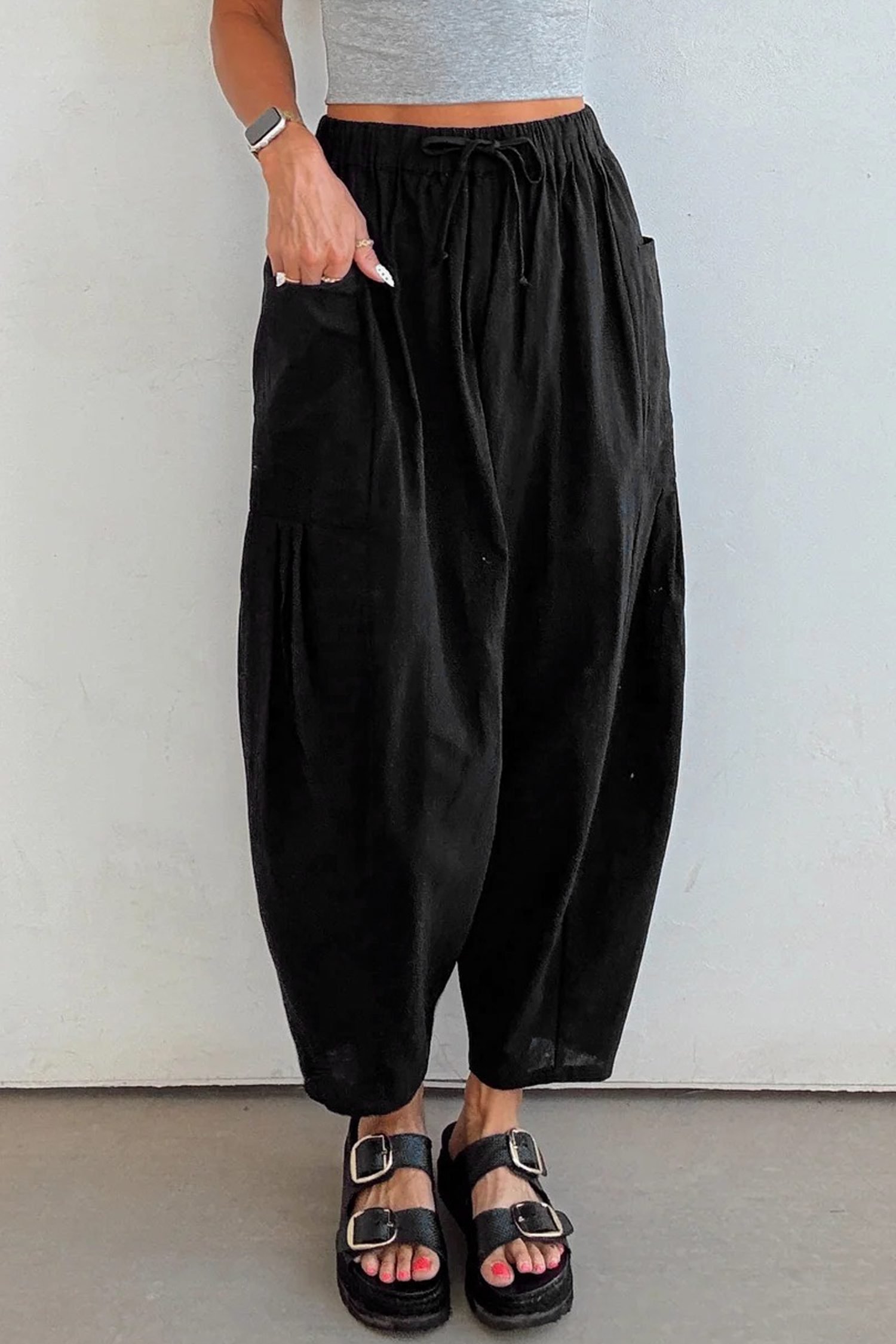 Black Drawstring Elastic Waist Patch Pocket Barrel Leg Casual Pants - Image 4