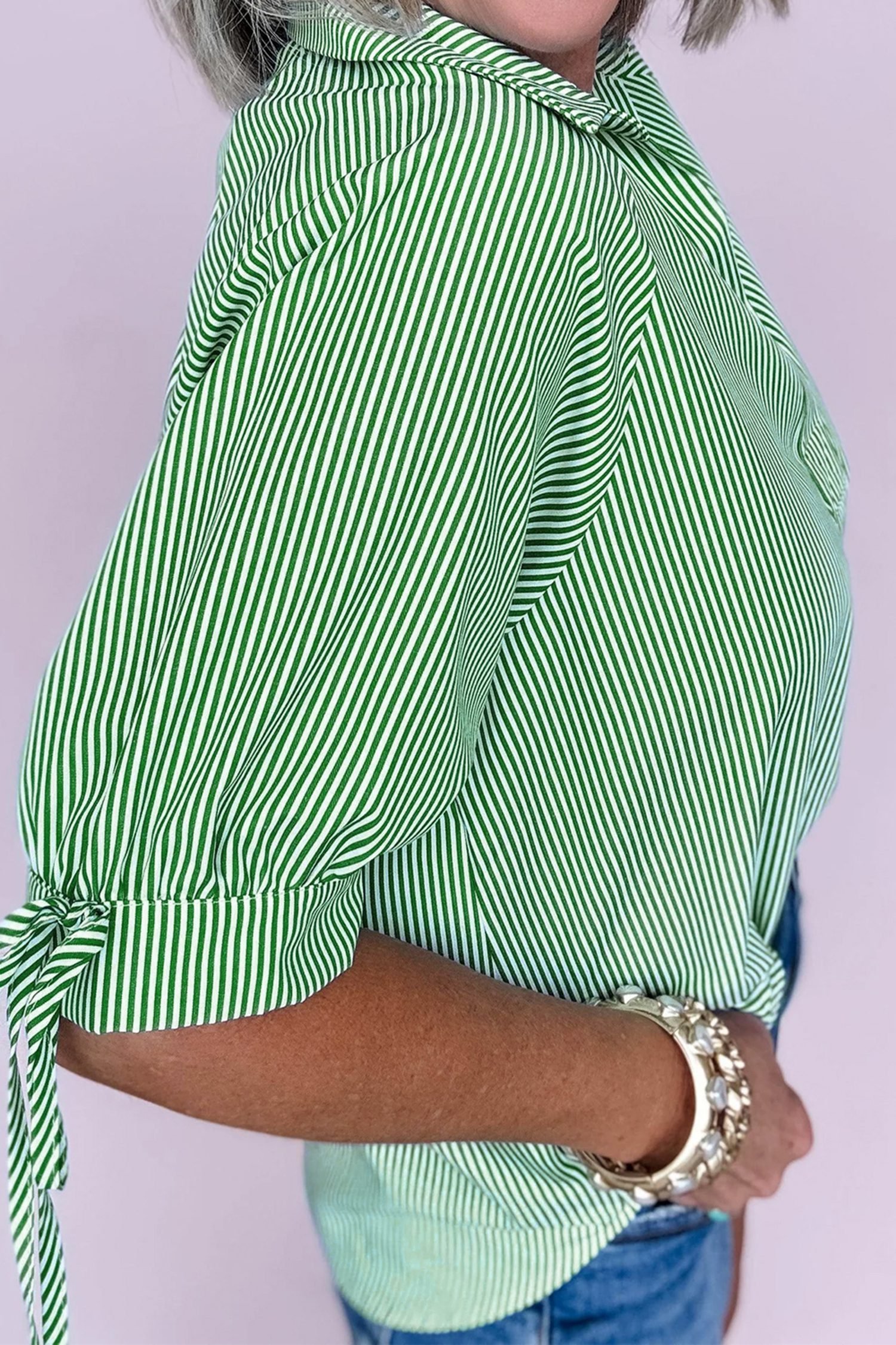 Mint Green Striped Print Collared Split Neck Half Sleeve Blouse - Image 3