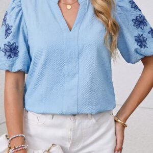 Beau Blue Flower Embroidered Puff Sleeve Split Neck Textured Blouse