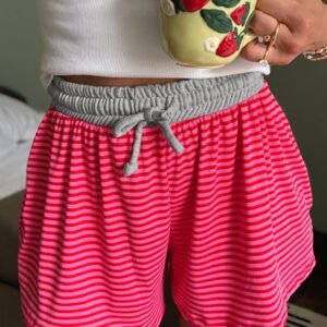 Rose Stripe Contrast Elastic Waist Casual Ribbed Shorts