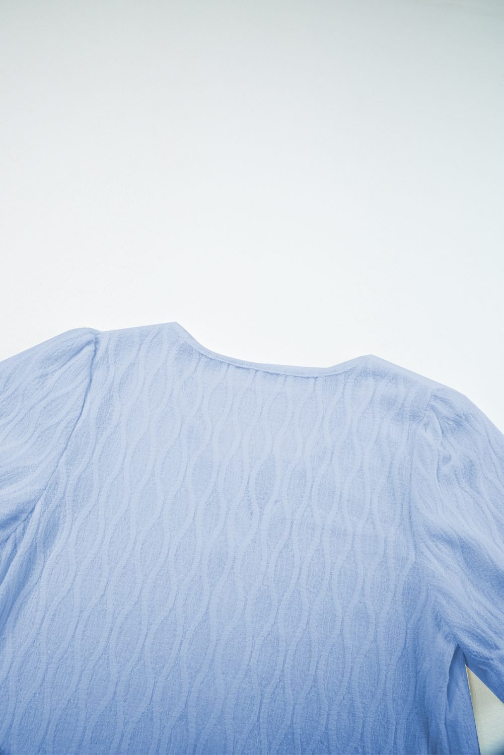 Beau Blue Solid Color Textured Notched Neck Puff Sleeve Blouse