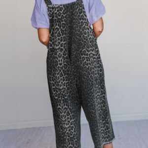 Gray Leopard Print Button Adjustable Straps Cropped Loose Denim Overalls