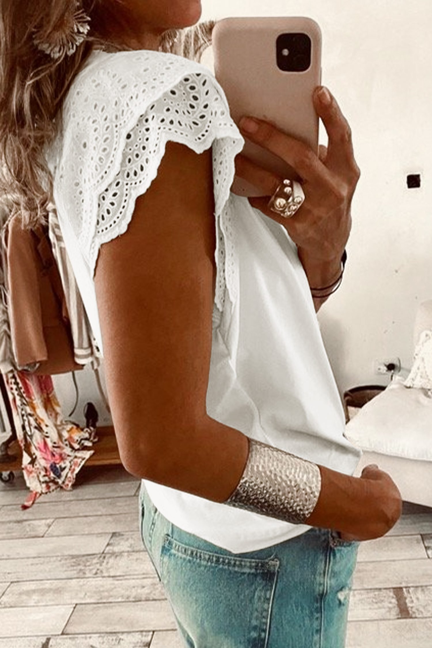 White Eyelet Embroidered Flutter Sleeve Patchwork V Neck Tee