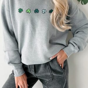 Gray Tiny Clover Embroidered Drop Shoulder Casual Sweatshirt