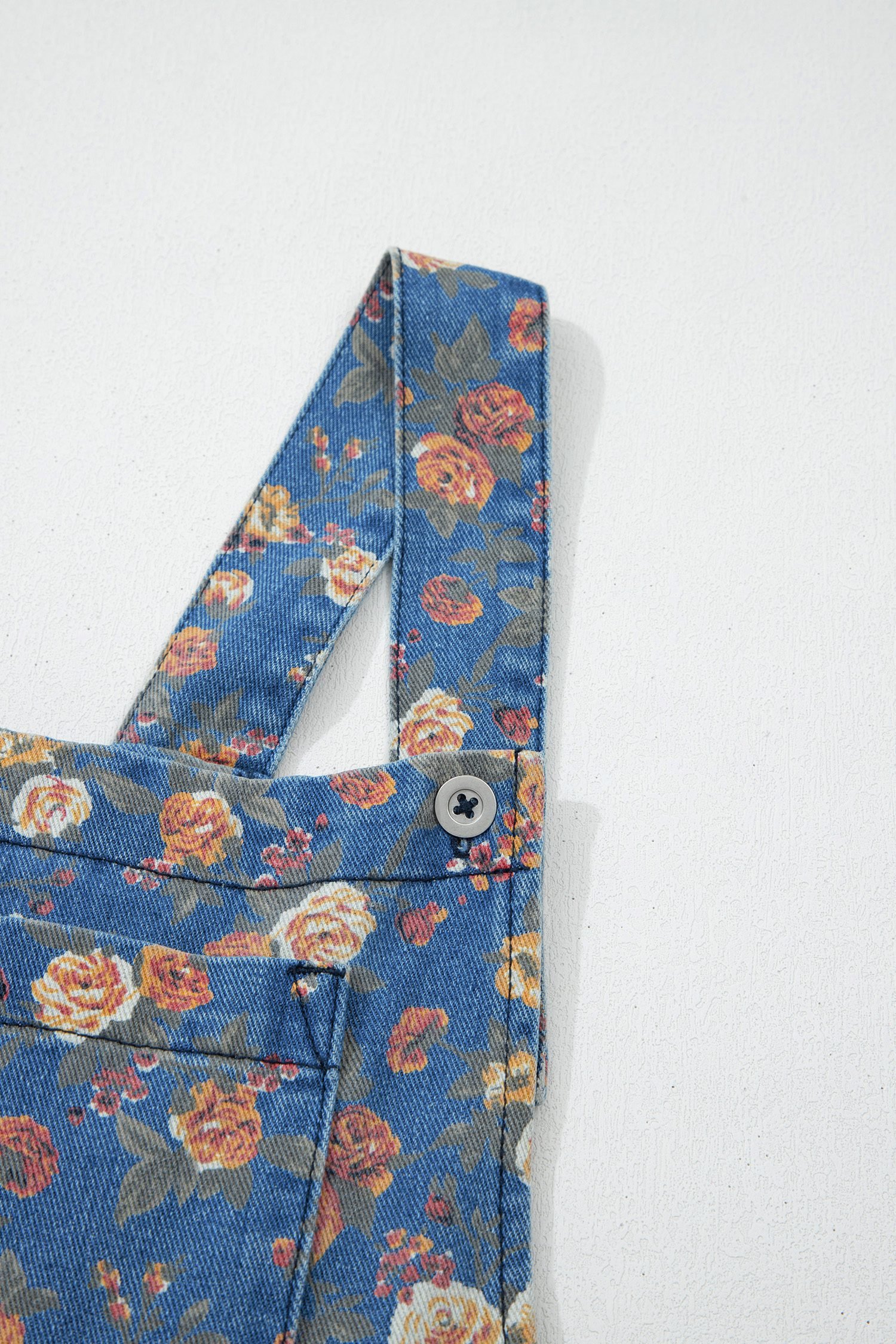 Blue Vintage Rose Printed Pleated Loose Denim Overall Jumpsuit