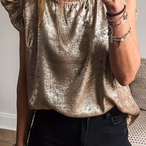 Gold Metallic Round Neck Ruffle Trim Sleeveless Top