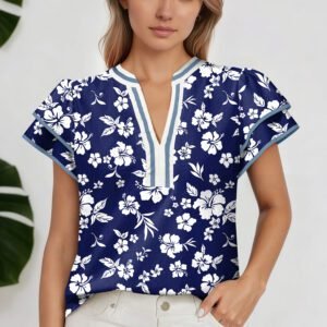 Blue Floral Print Contrast Trim Split Neck Double Ruffle Short Sleeve Blouse