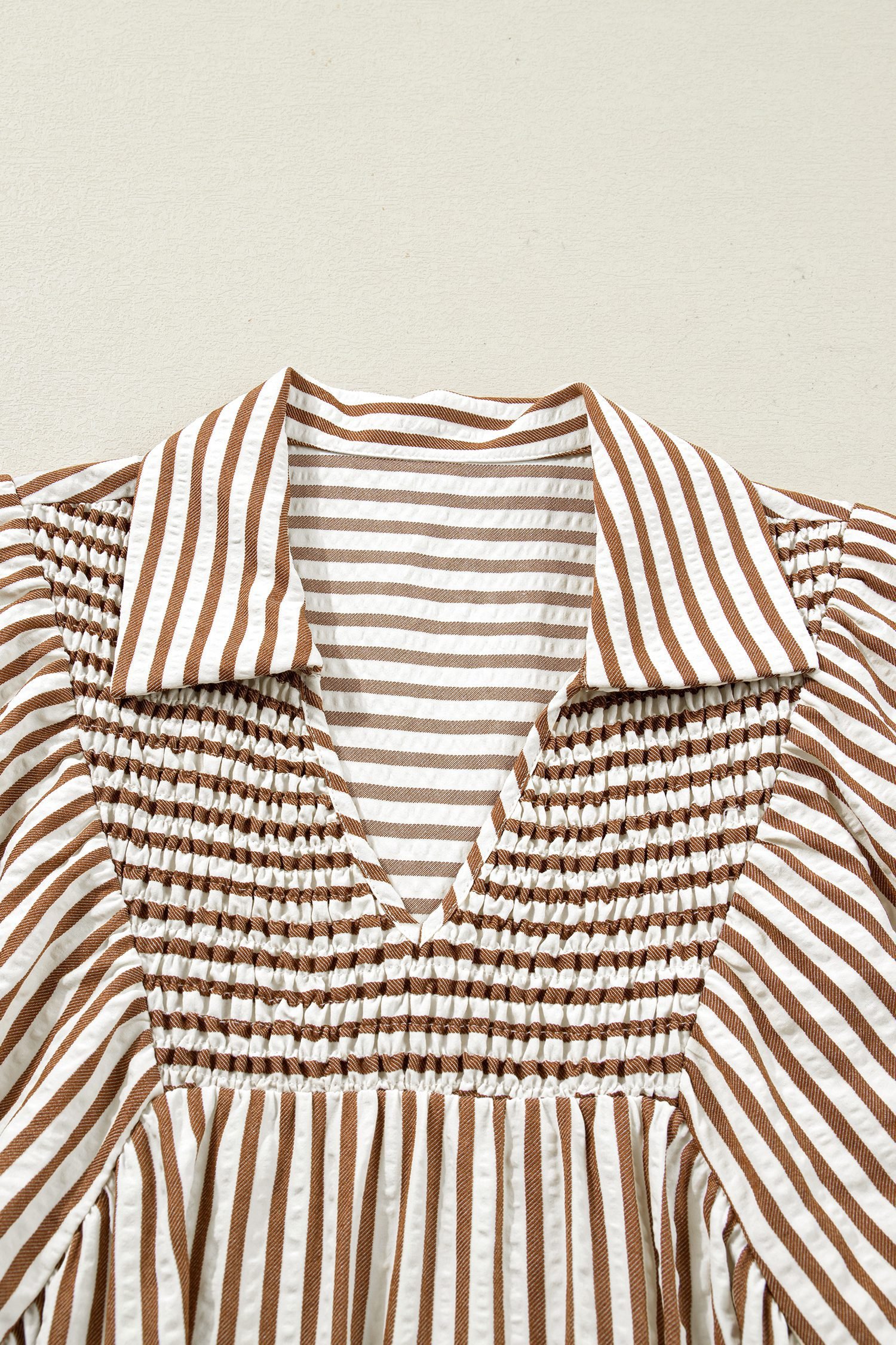 Brown Stripe Shirred V Neck Short Puff Sleeve Blouse - Image 16