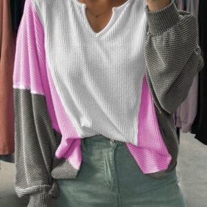 White Spiral Ribbed Raw Seam Color Block Patchwork Long Sleeve Top