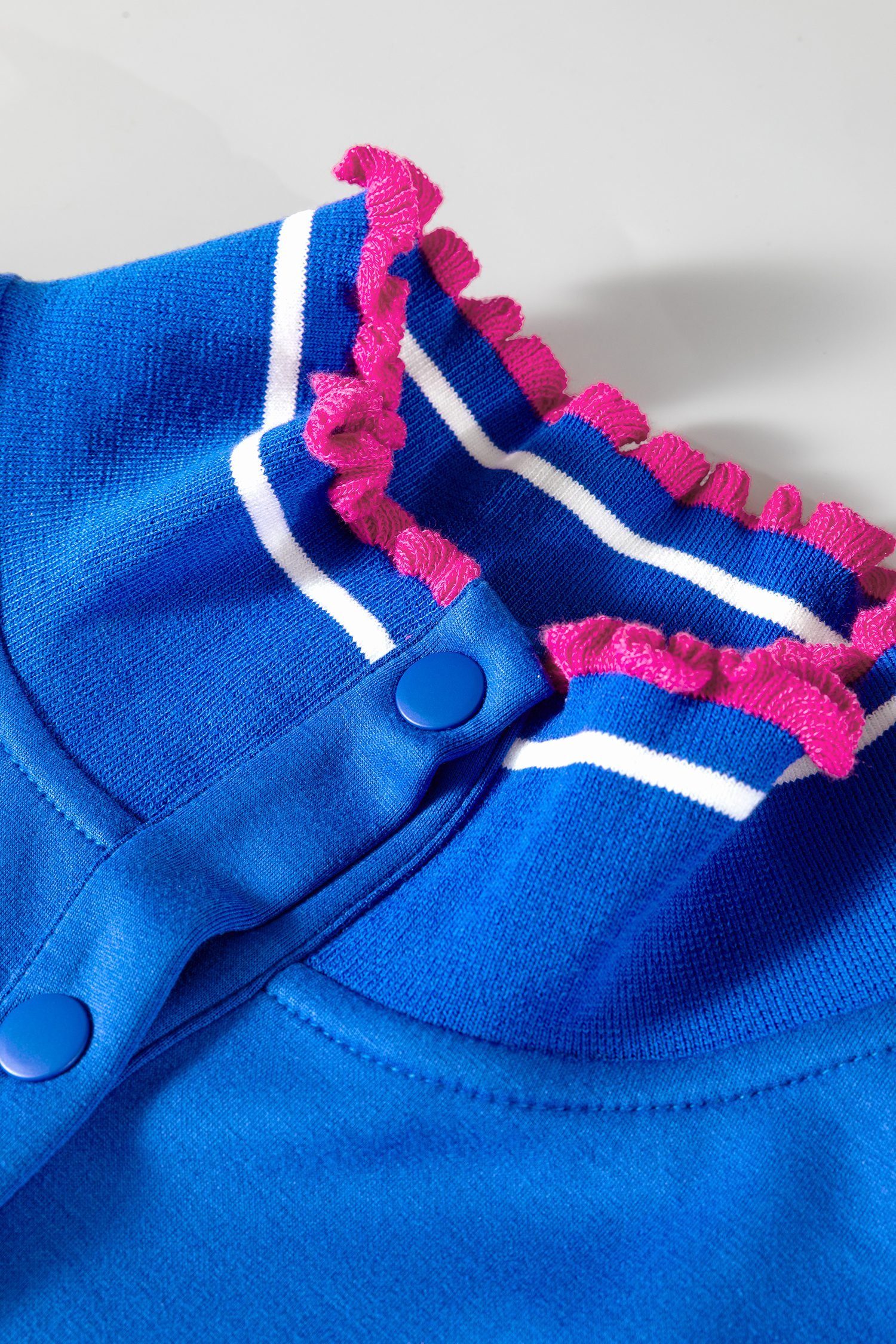 Sky Blue Contrast Frilled Trim Button Collared Short Sleeve Knit Top - Image 12