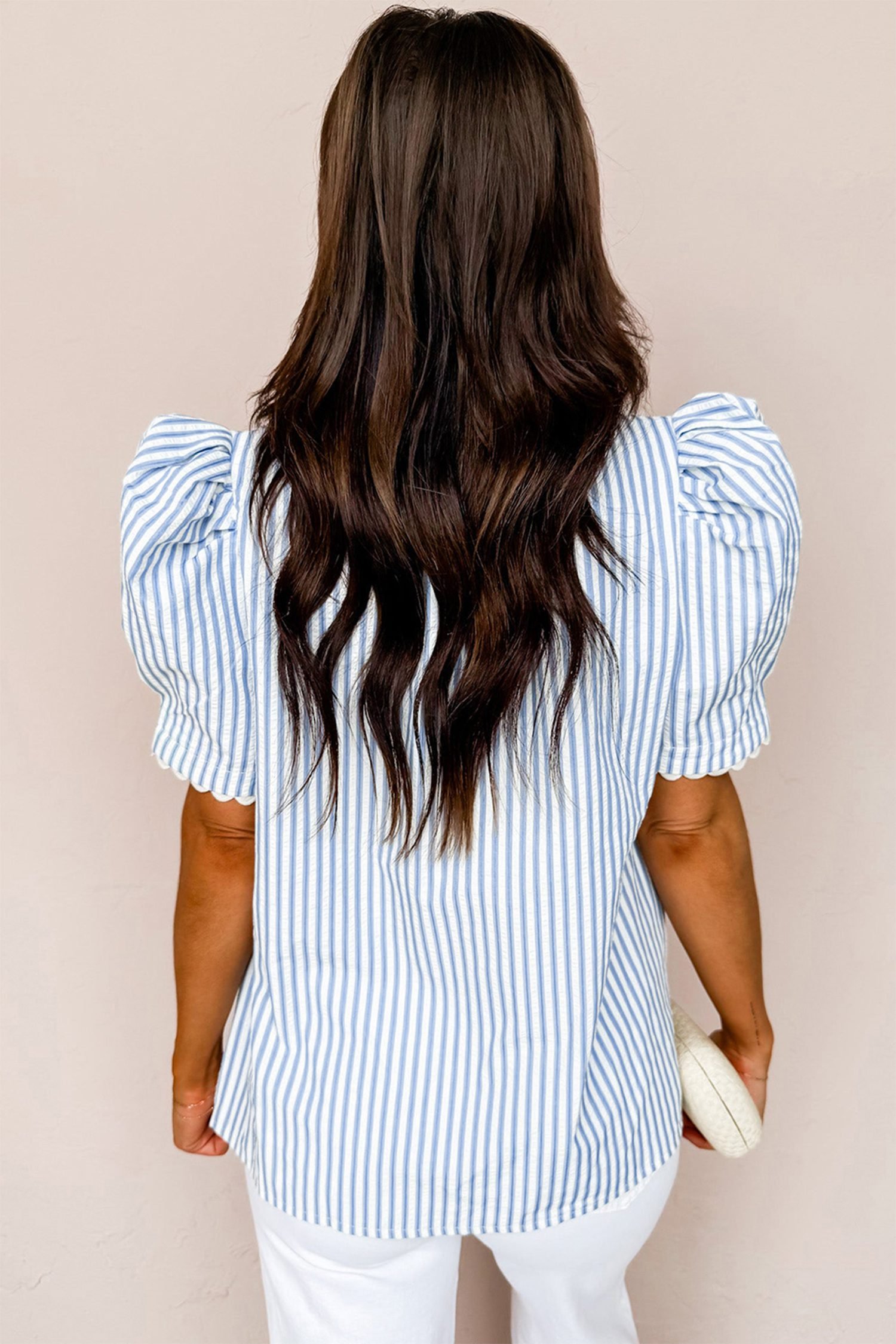 Sky Blue Stripe Ricrac Trim Short Puff Sleeve Leopard Patchwork Collar V Neck Blouse - Image 2