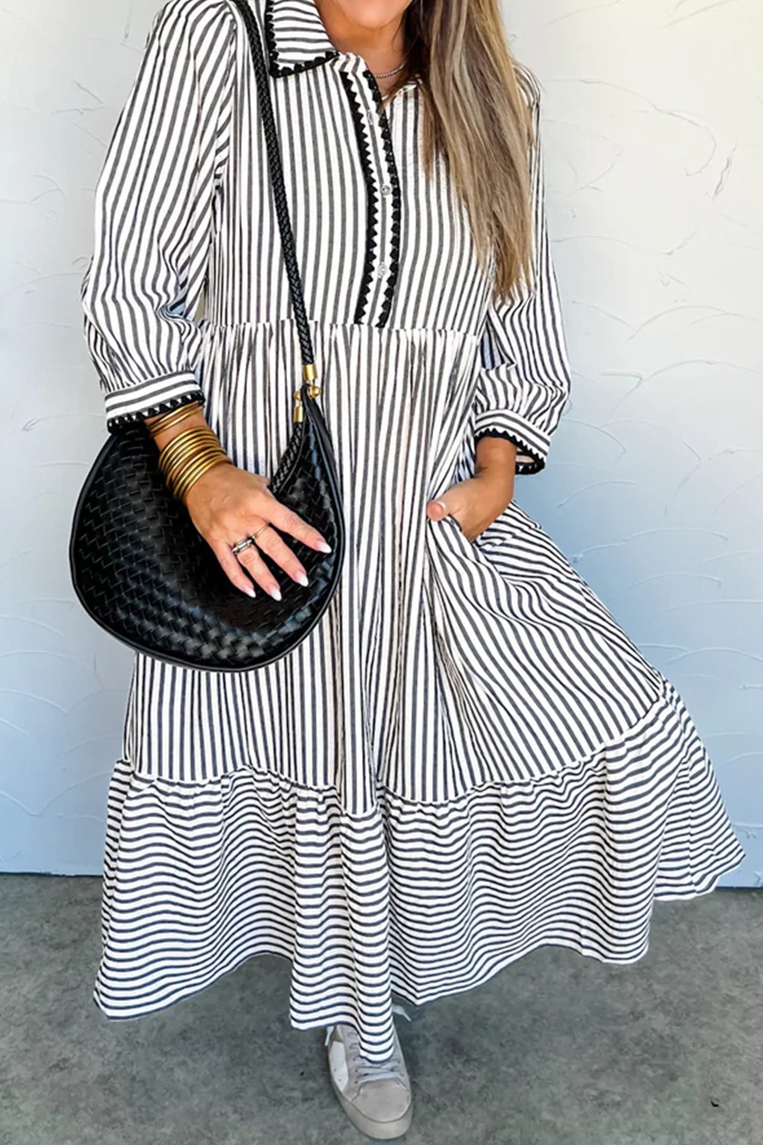 Black Stripe Scallop Trim Shirt Collar Half Button 3/4 Sleeve Long Dress - Image 4