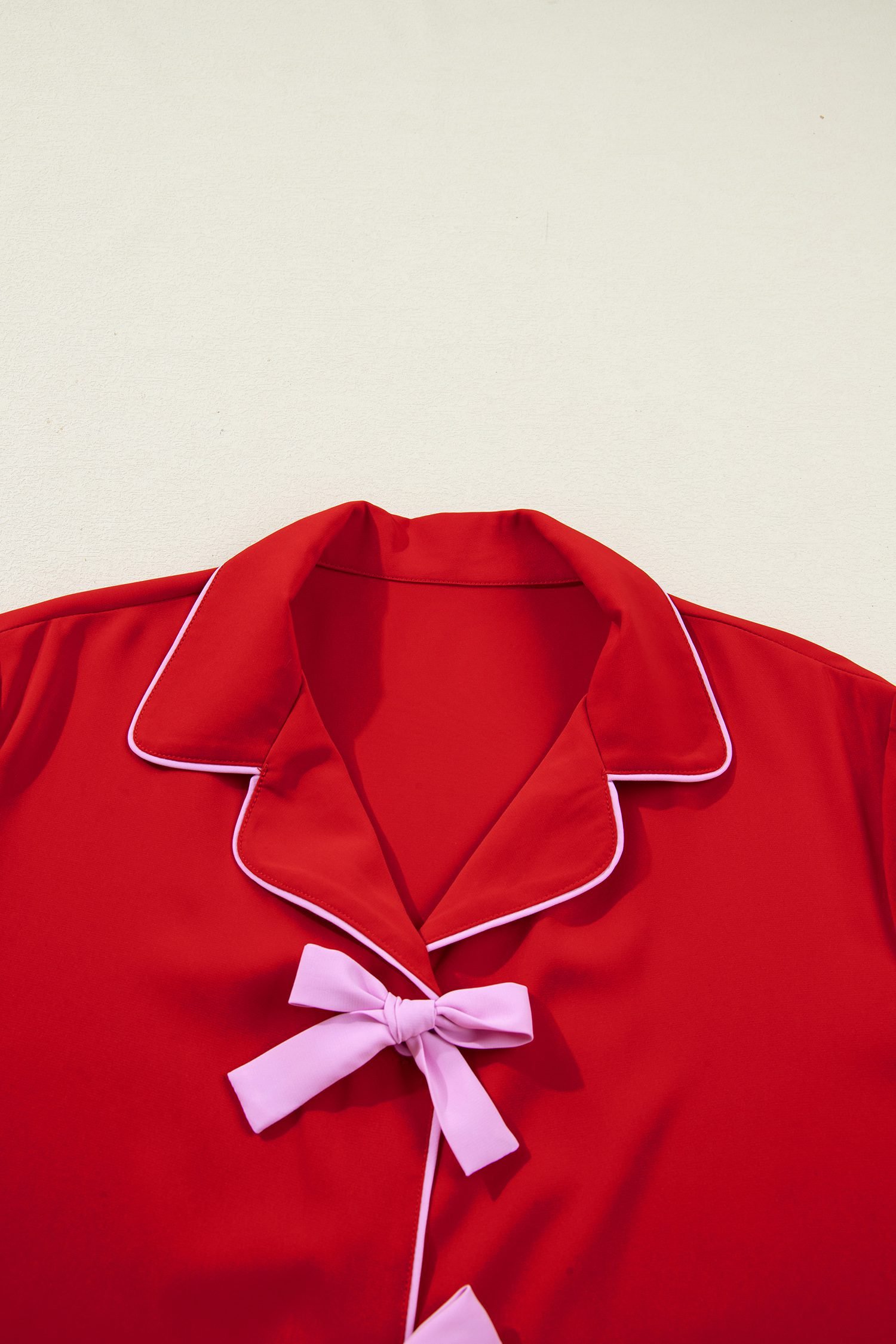 Fiery Red Contrast Trim Ribbon Bow Short Silky 2pcs Pajama Set - Image 6