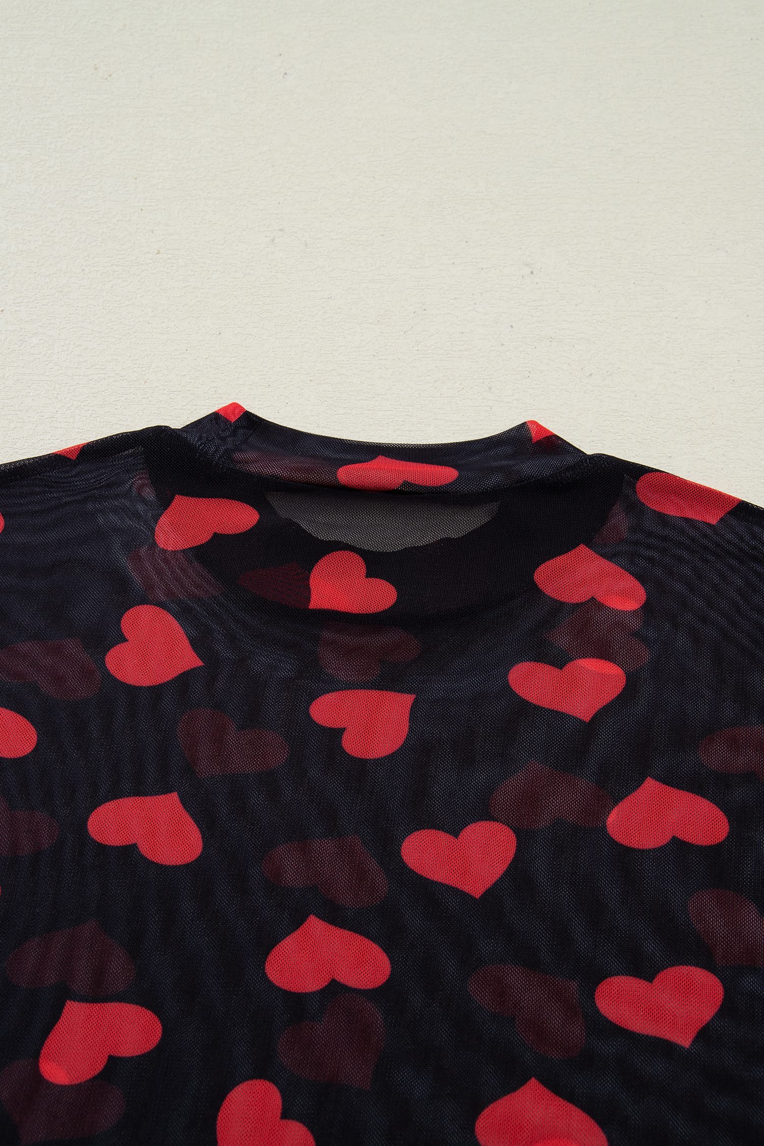 Black Valentines Heart Printed Sheer Mesh Long Sleeve Top - Image 11