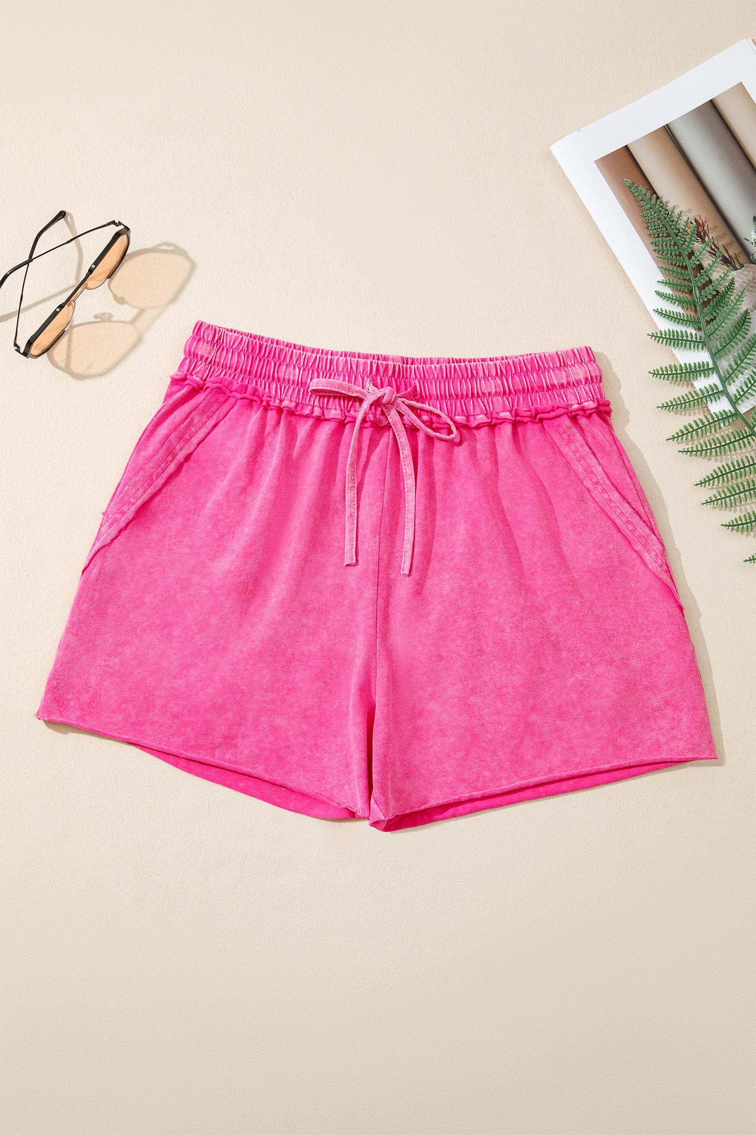 Rose Red Mineral Washed Drawstring Elastic Waist Raw Cut Shorts - Image 5