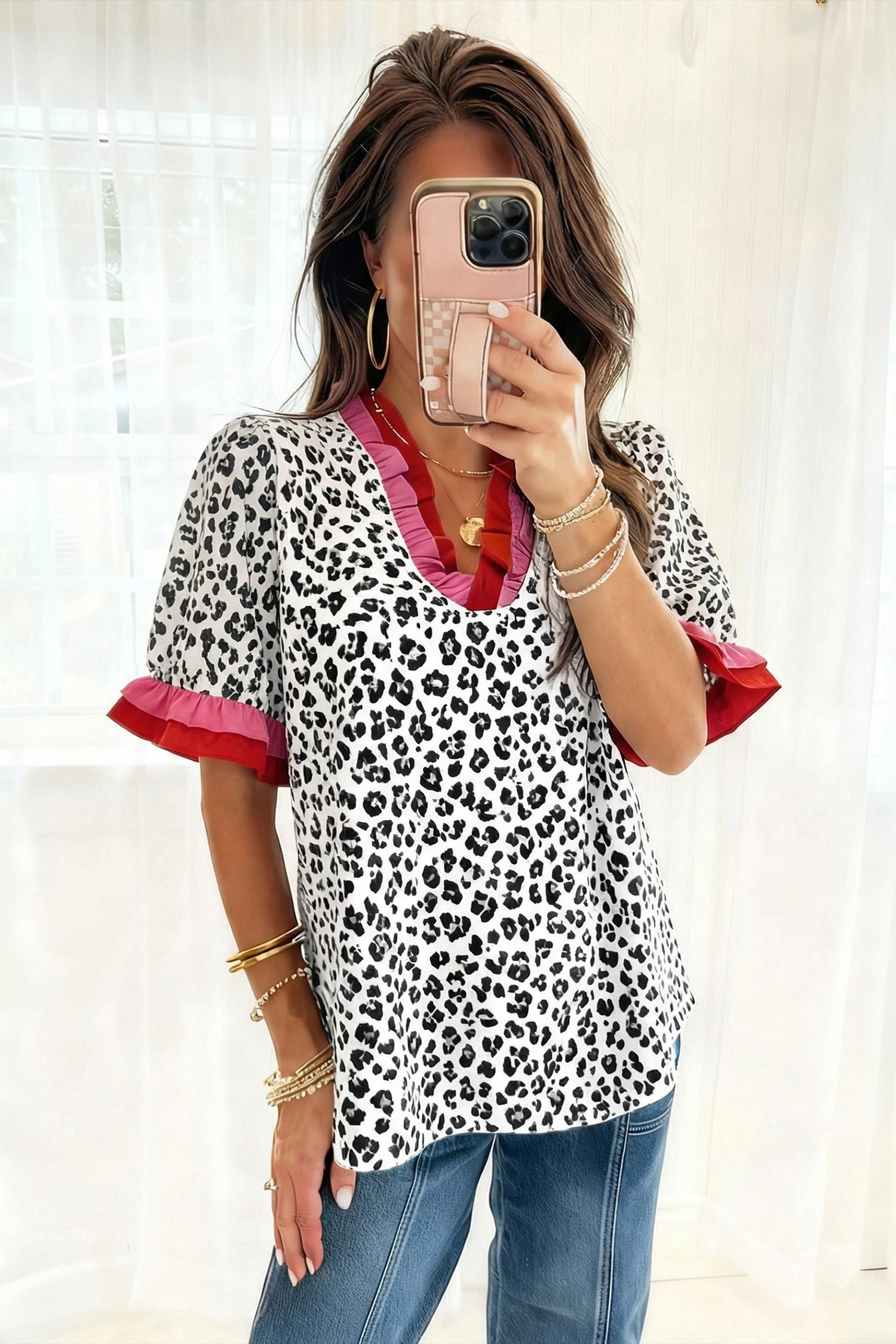Gray Ruffled Trim V Neck Leopard Print Short Sleeve Blouse - Image 2