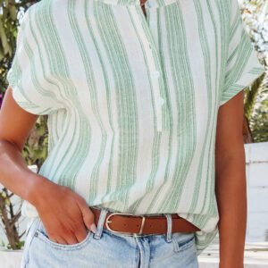 Green Breathable Gauze Half Button Short Sleeve Casual Blouse
