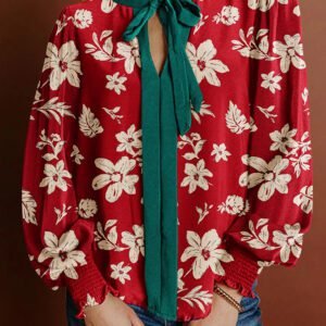 Red Contrast Tied Neck Shirred Puff Sleeve Flower Blouse