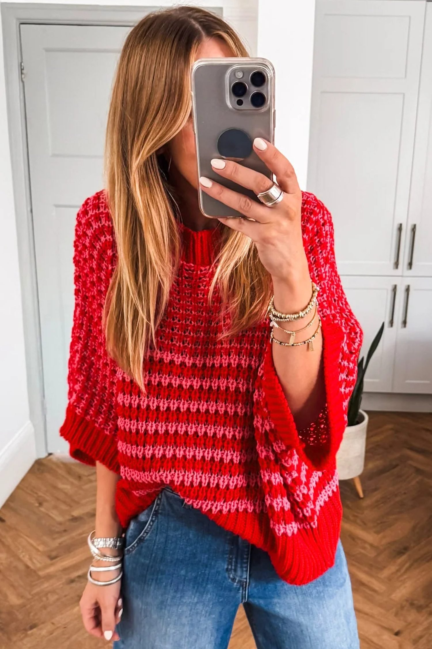 Red Stripe 3/4 Draped Sleeve Slouchy Sweater - Image 9