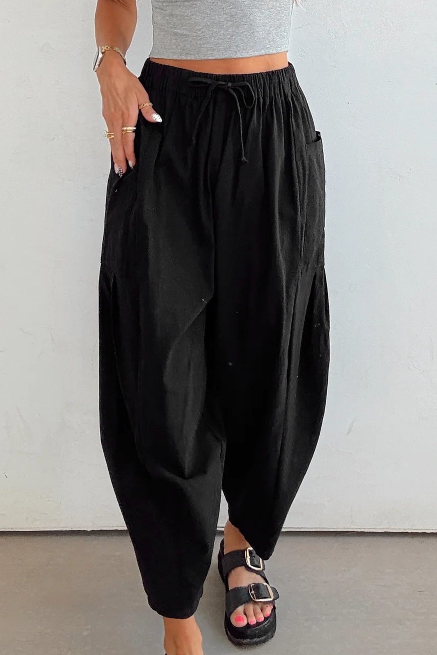 Black Drawstring Elastic Waist Patch Pocket Barrel Leg Casual Pants - Image 5