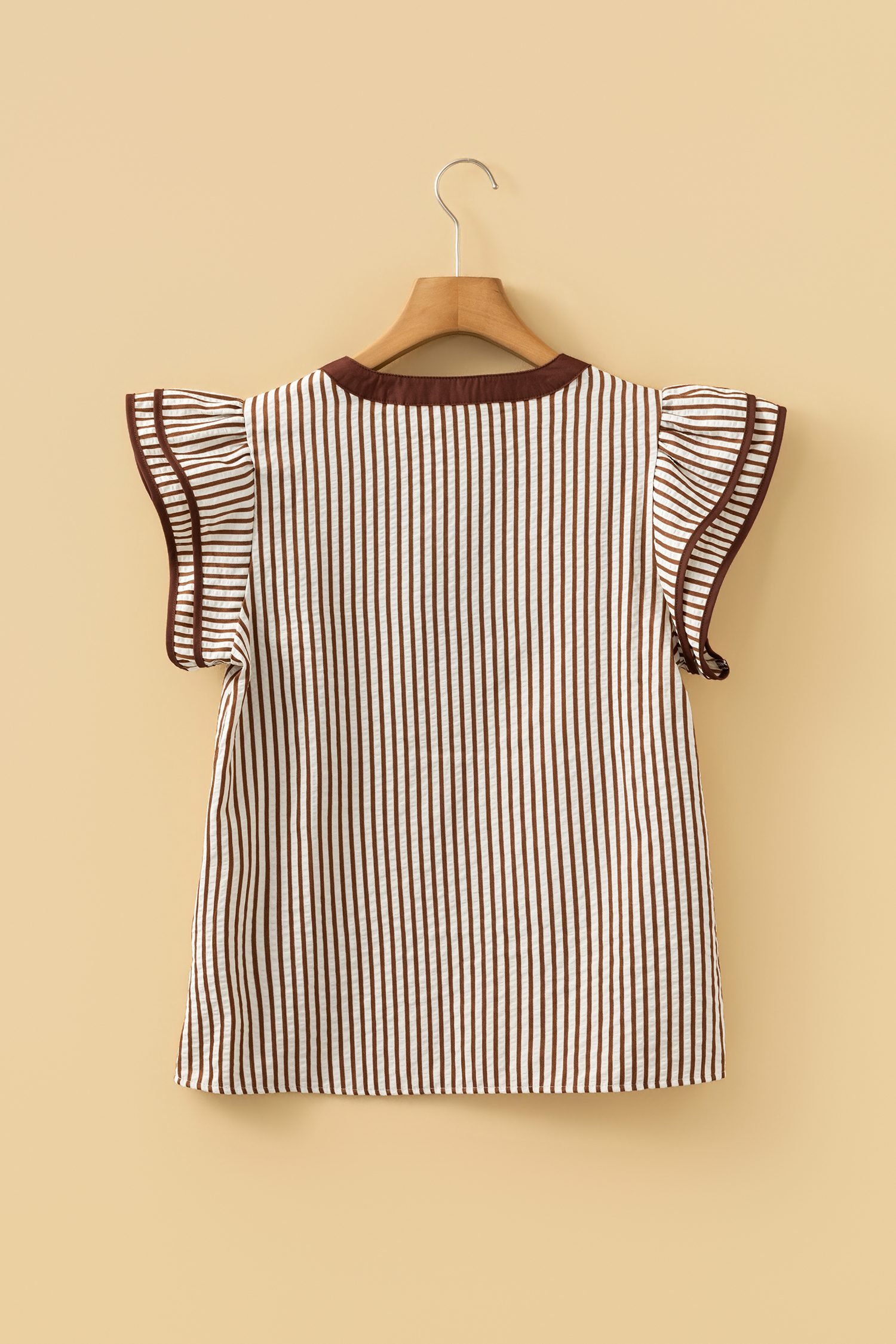 Khaki Stripe Double Ruffled Short Sleeve V Neck Blouse - Image 16