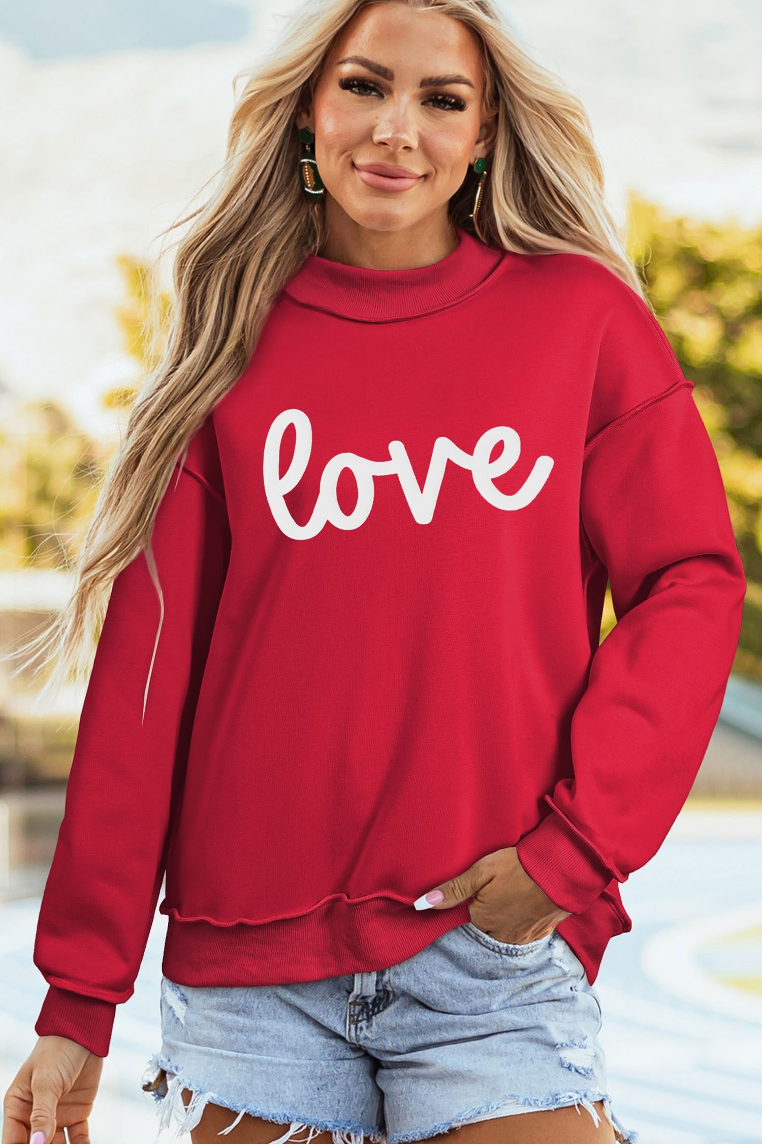 Racing Red Valentines Day Heart Love Script Reversible Printed Double Wear Mock Neck Sweatshirt
