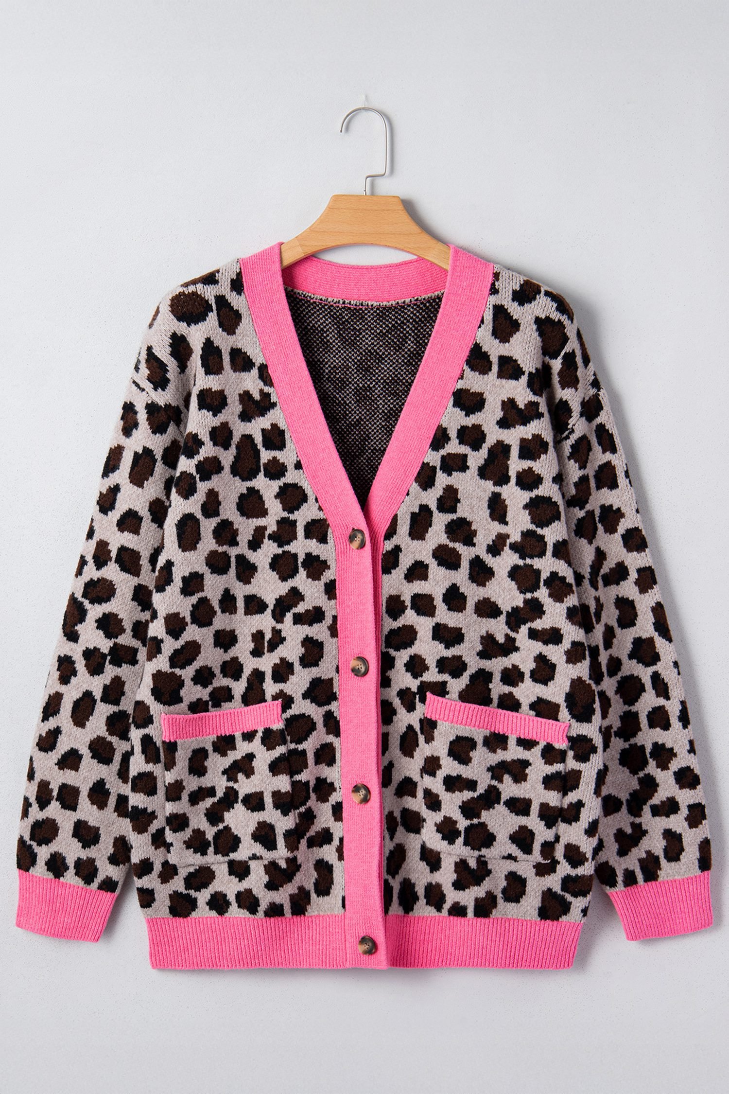 Khaki Oversize Color Block Trim Button Down Leopard Print Cardigan