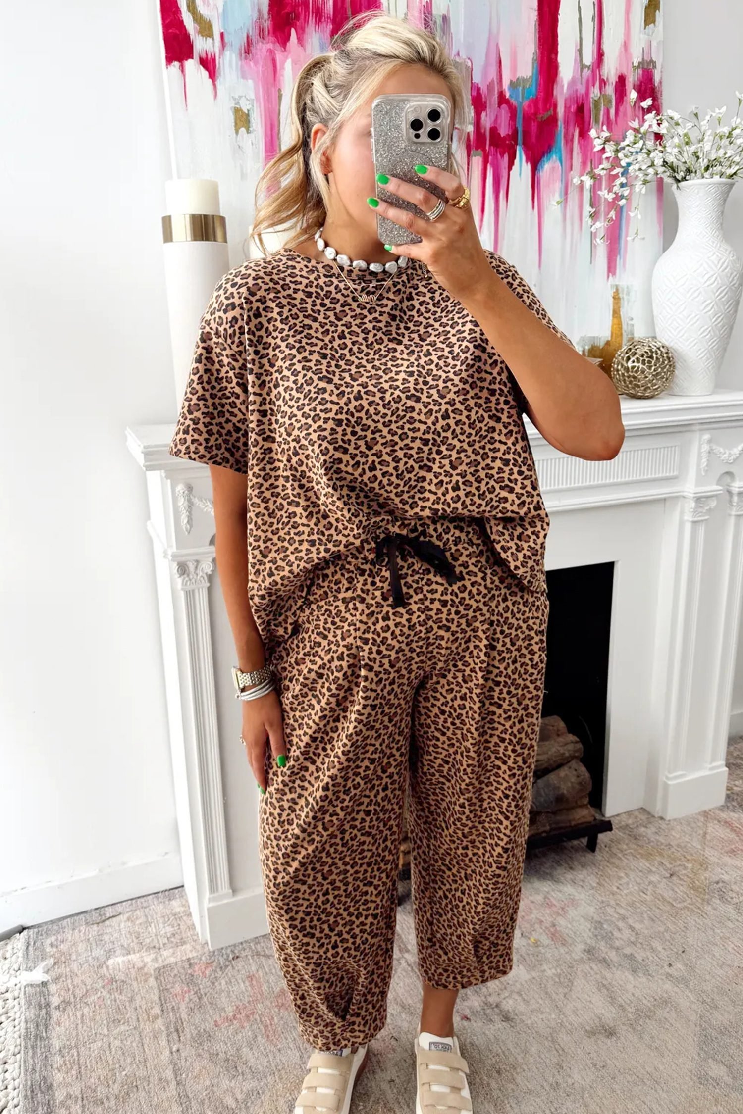 Brown Leopard Loose Tee Drawstring Waist Barrel Pants Set - Image 4