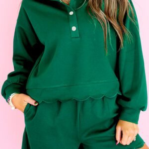Blackish Green Embroidered Scallop Trim Half Button Pullover Casual Shorts Set