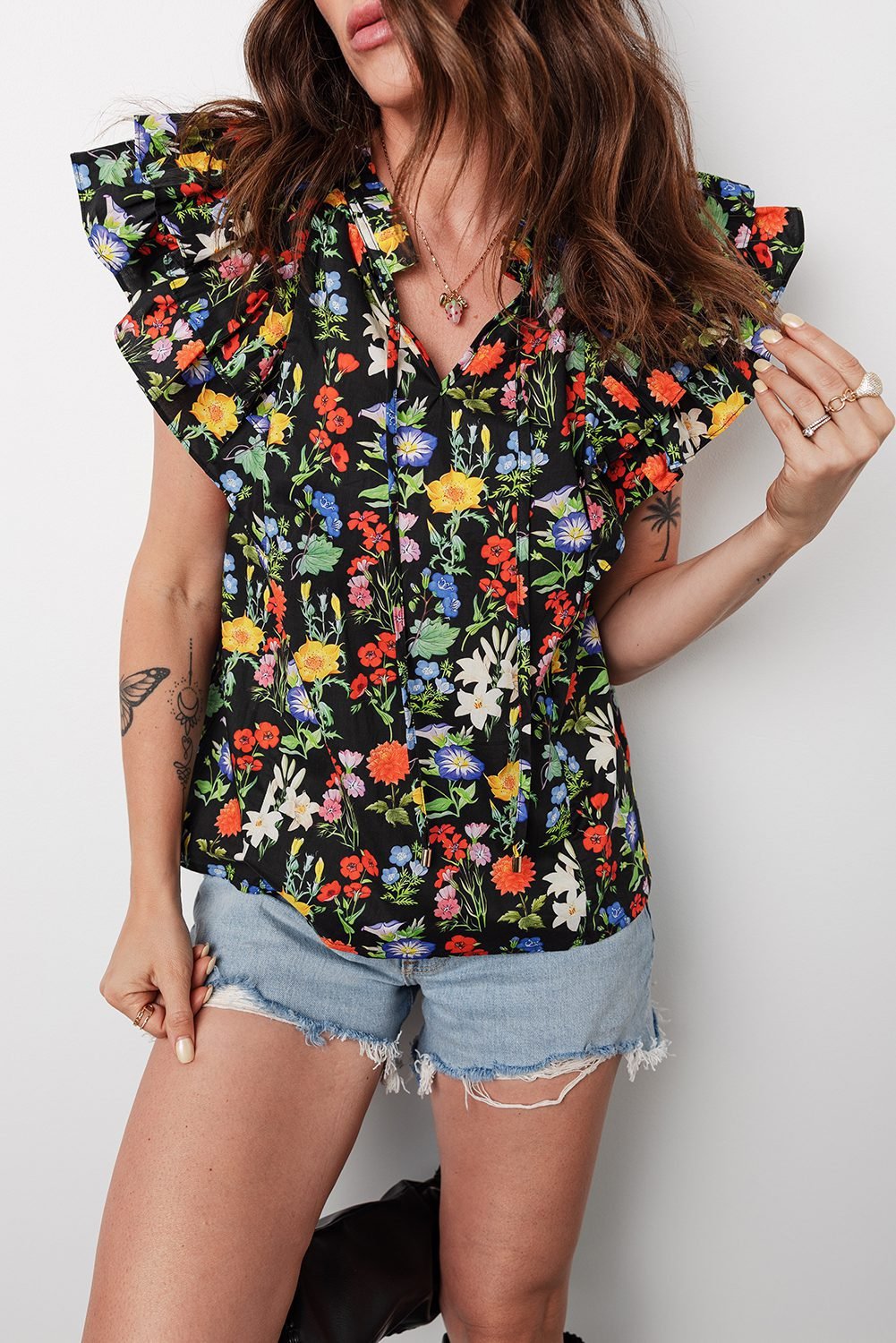 Black Tiered Flutter Sleeve V Neck Flower Blouse