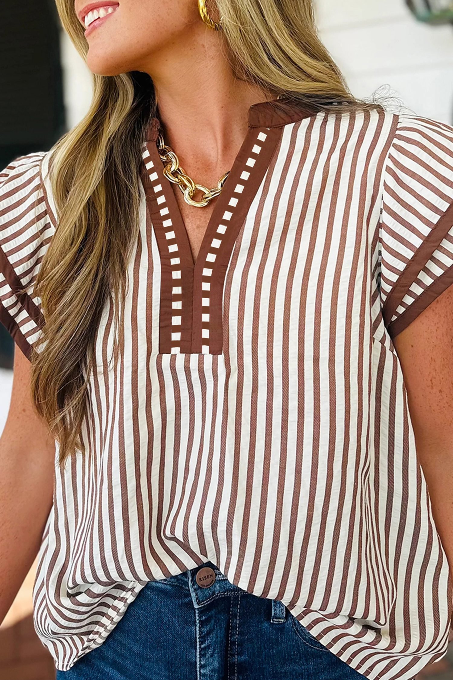 Khaki Stripe Double Ruffled Short Sleeve V Neck Blouse - Image 9