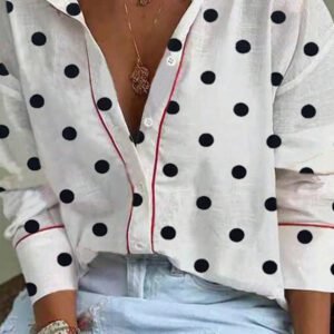 White Polka Dot Print Contrast Piping Elegant Shirt