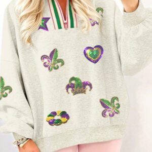 Light Grey Mardi Gras Elements Sequin Patched Striped Patchwork Zip Neck Pullover Sweatshirt