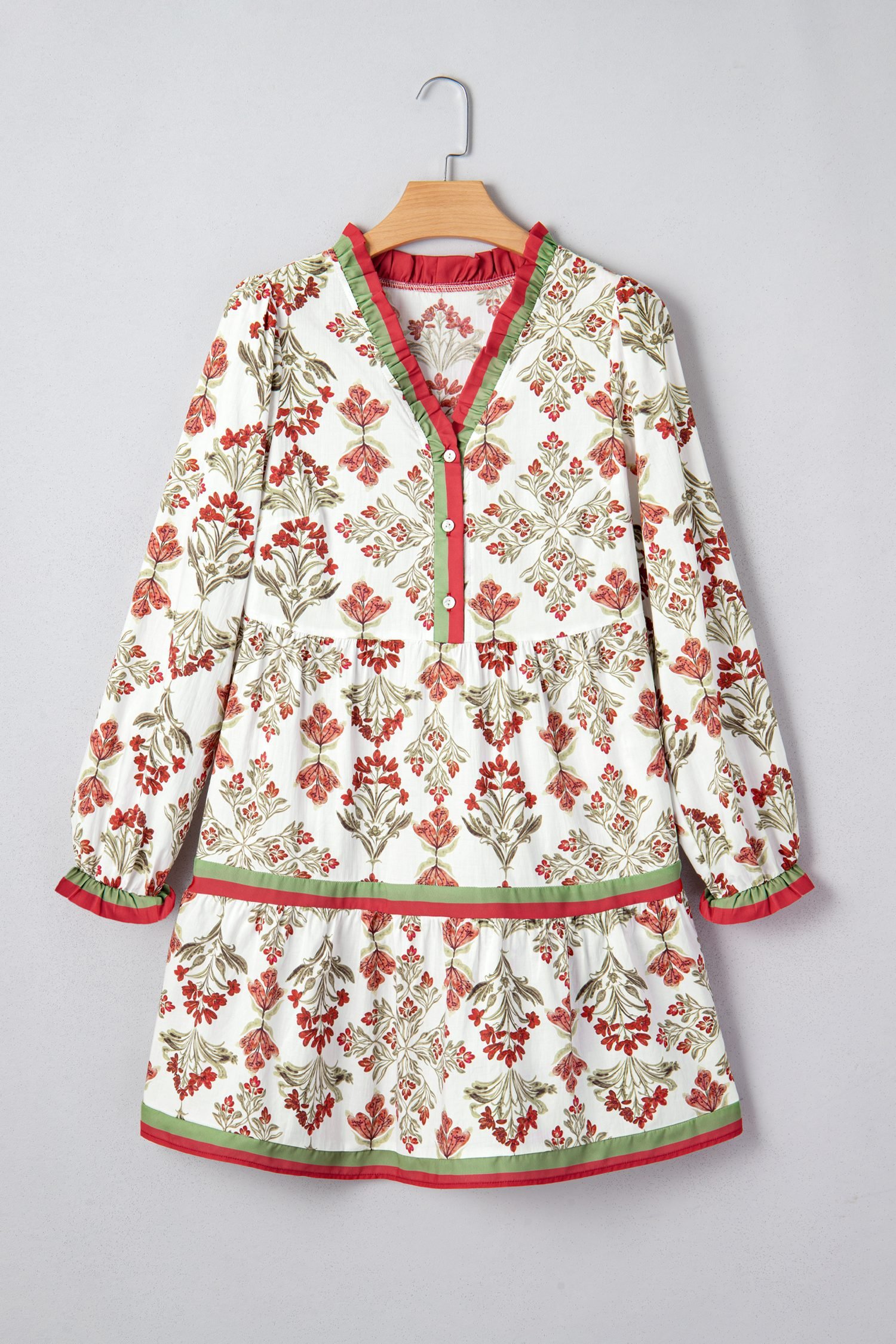 Pink Floral Print Contrast Trim Frilled Neck Long Sleeve Flared Dress