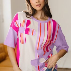 Pink Striped Color Block Flower Patched Half Sleeve Loose Top