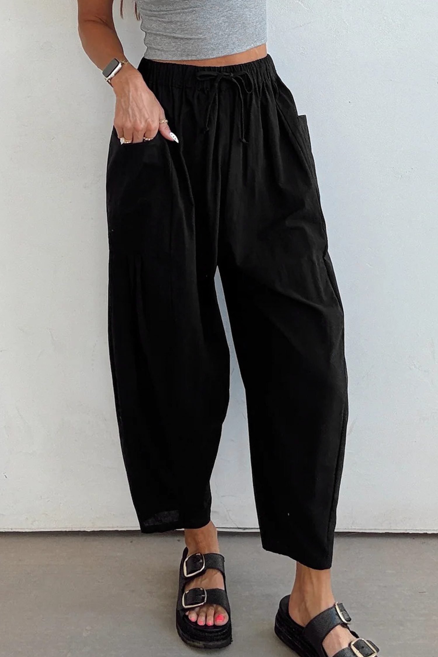 Black Drawstring Elastic Waist Patch Pocket Barrel Leg Casual Pants - Image 3