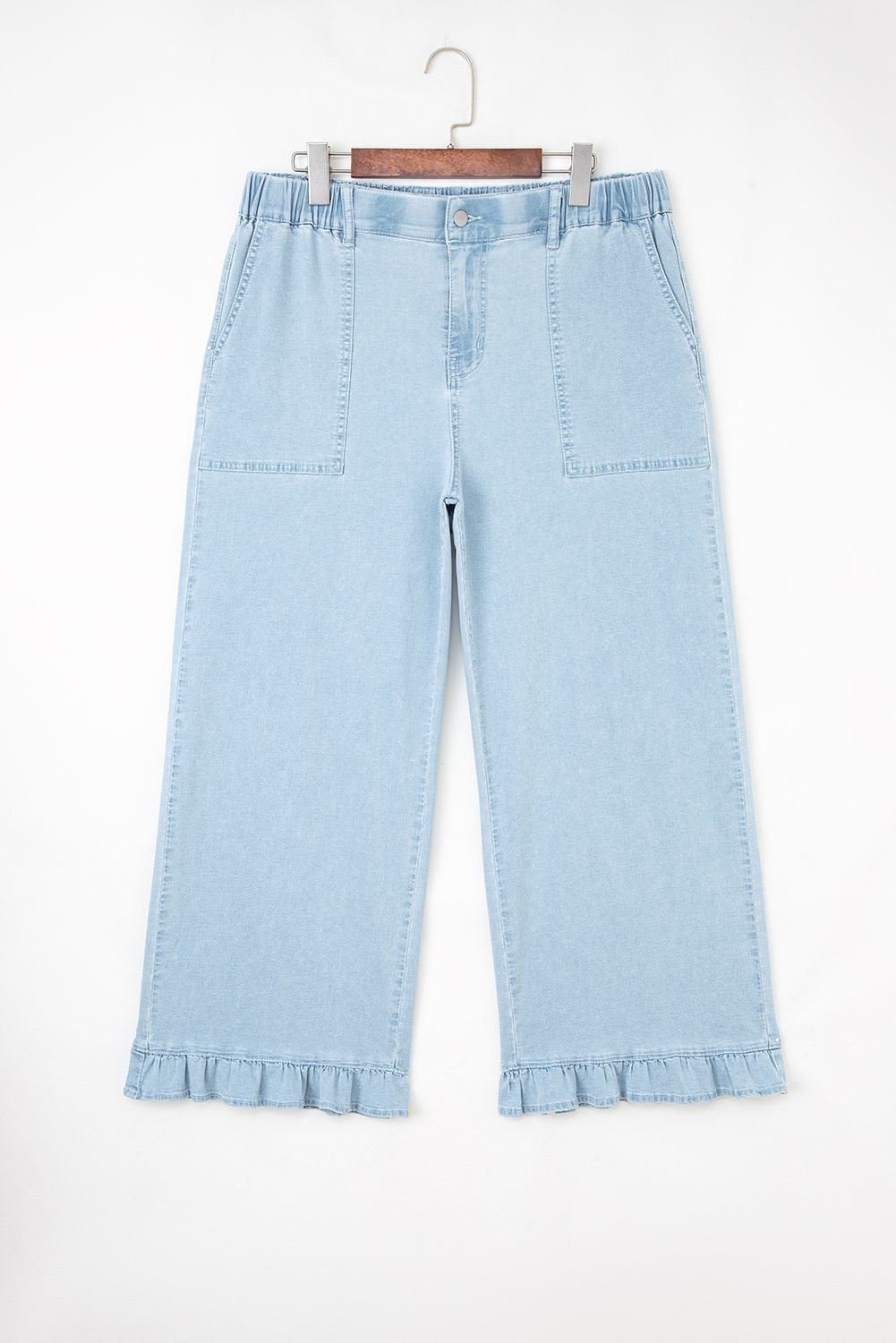 Beau Blue Plus Size Elastic Waist Ruffled Wide Leg Denim Pants