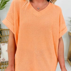 Grapefruit Orange Waffle V Neck Short Sleeve Knit Top