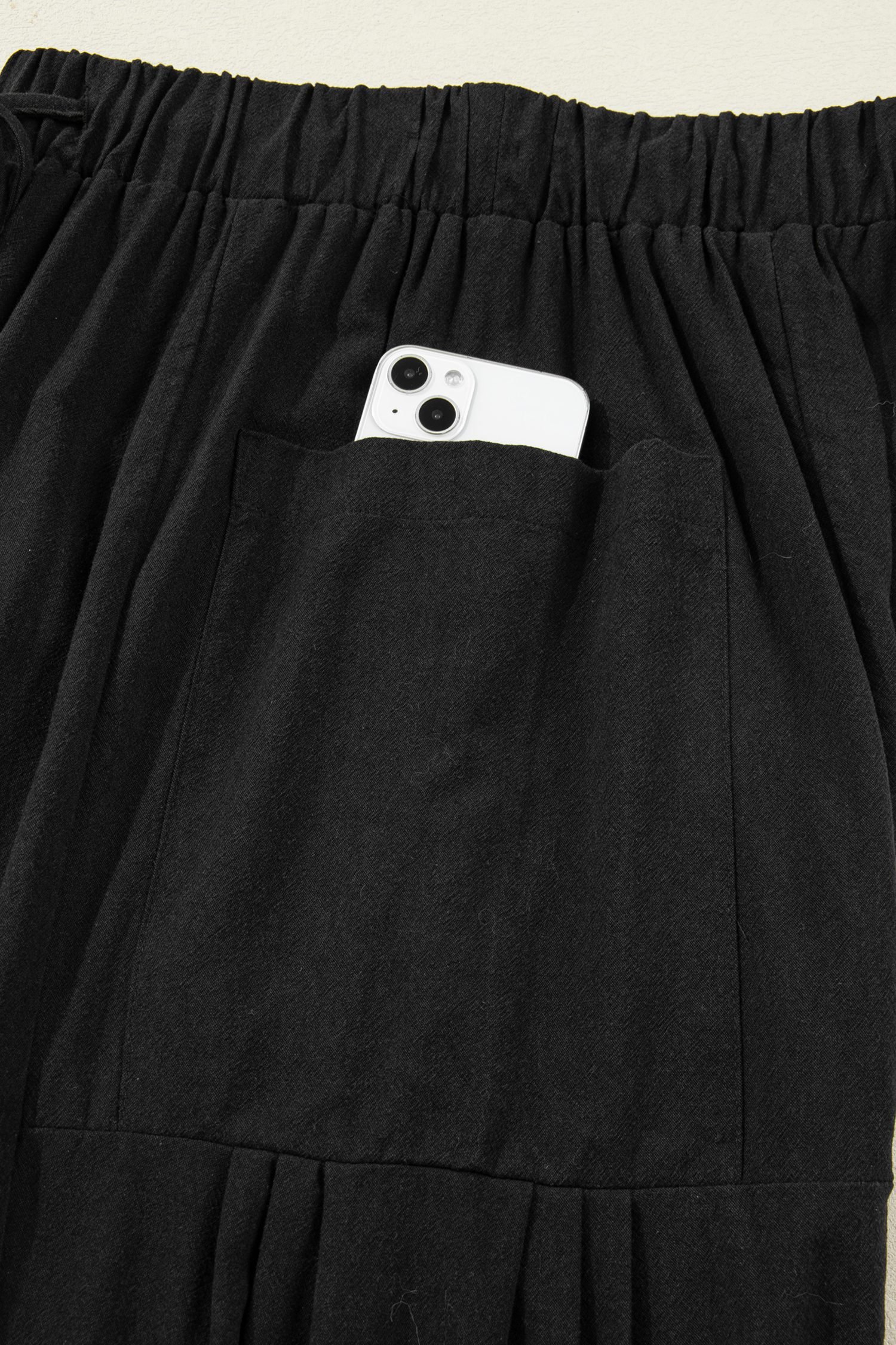 Black Drawstring Elastic Waist Patch Pocket Barrel Leg Casual Pants - Image 11